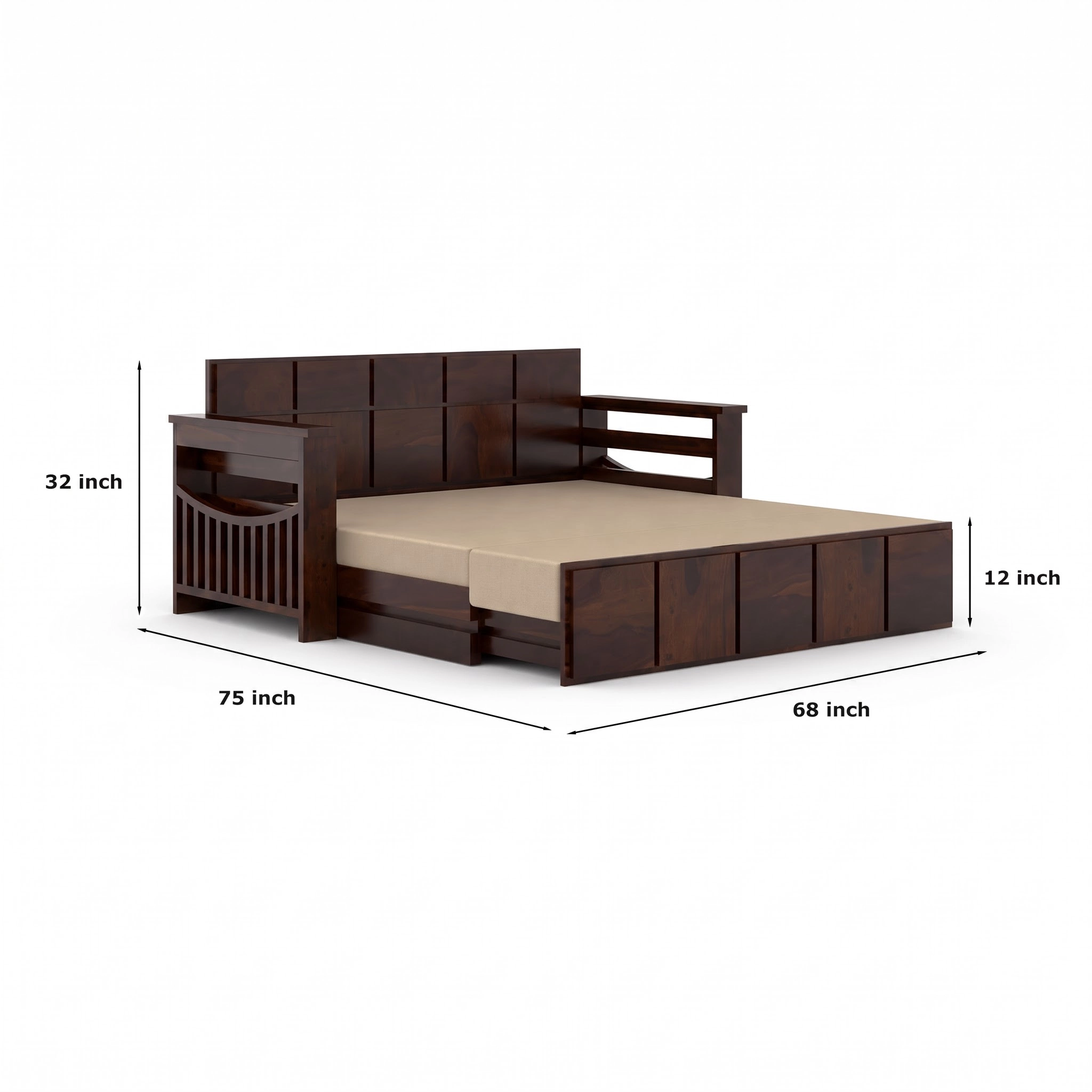 Solid Sheesham Wood Sofa Cum Bed with Storage for Living Room