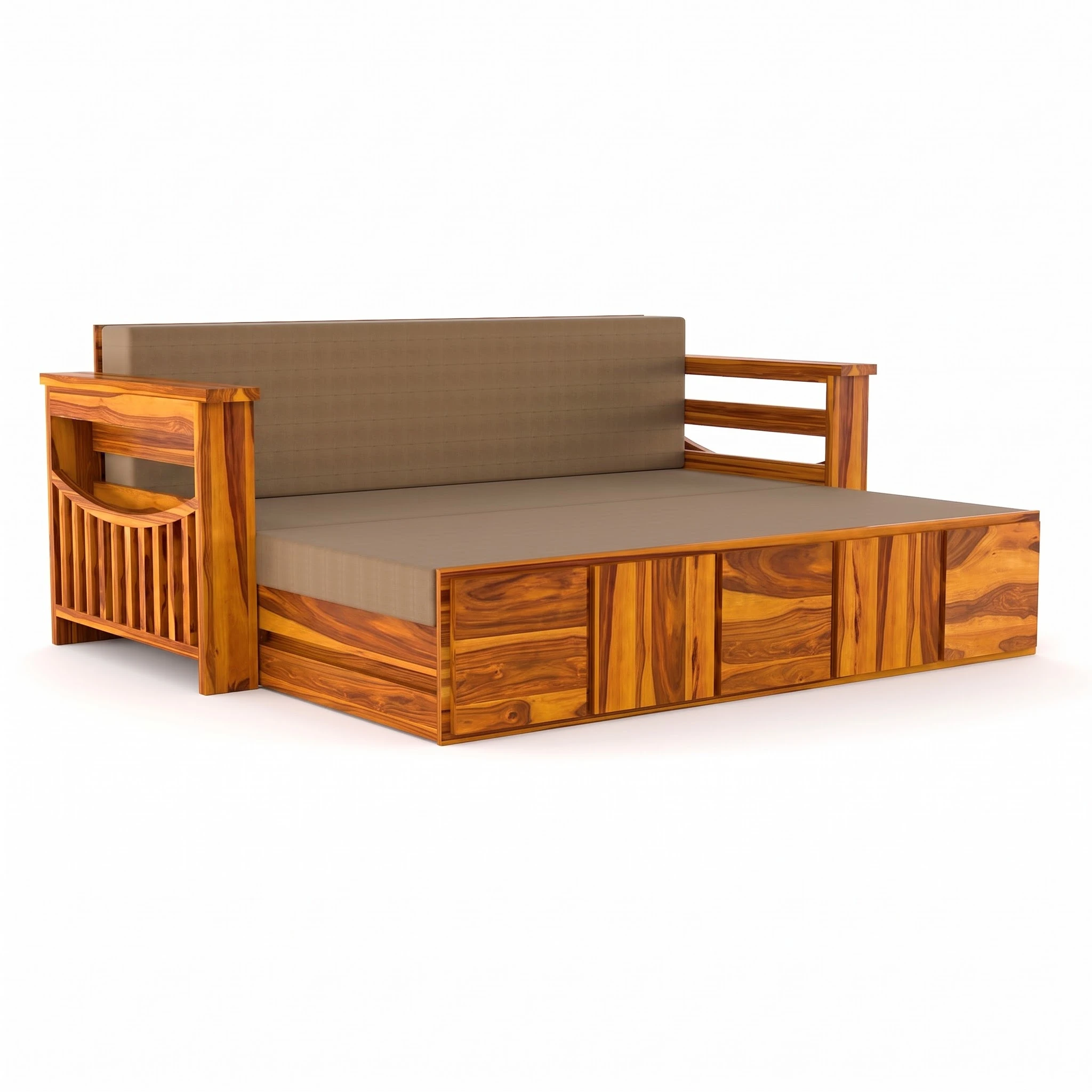 Solid Sheesham Wood Sofa Cum Bed with Storage for Living Room in Honey Finish