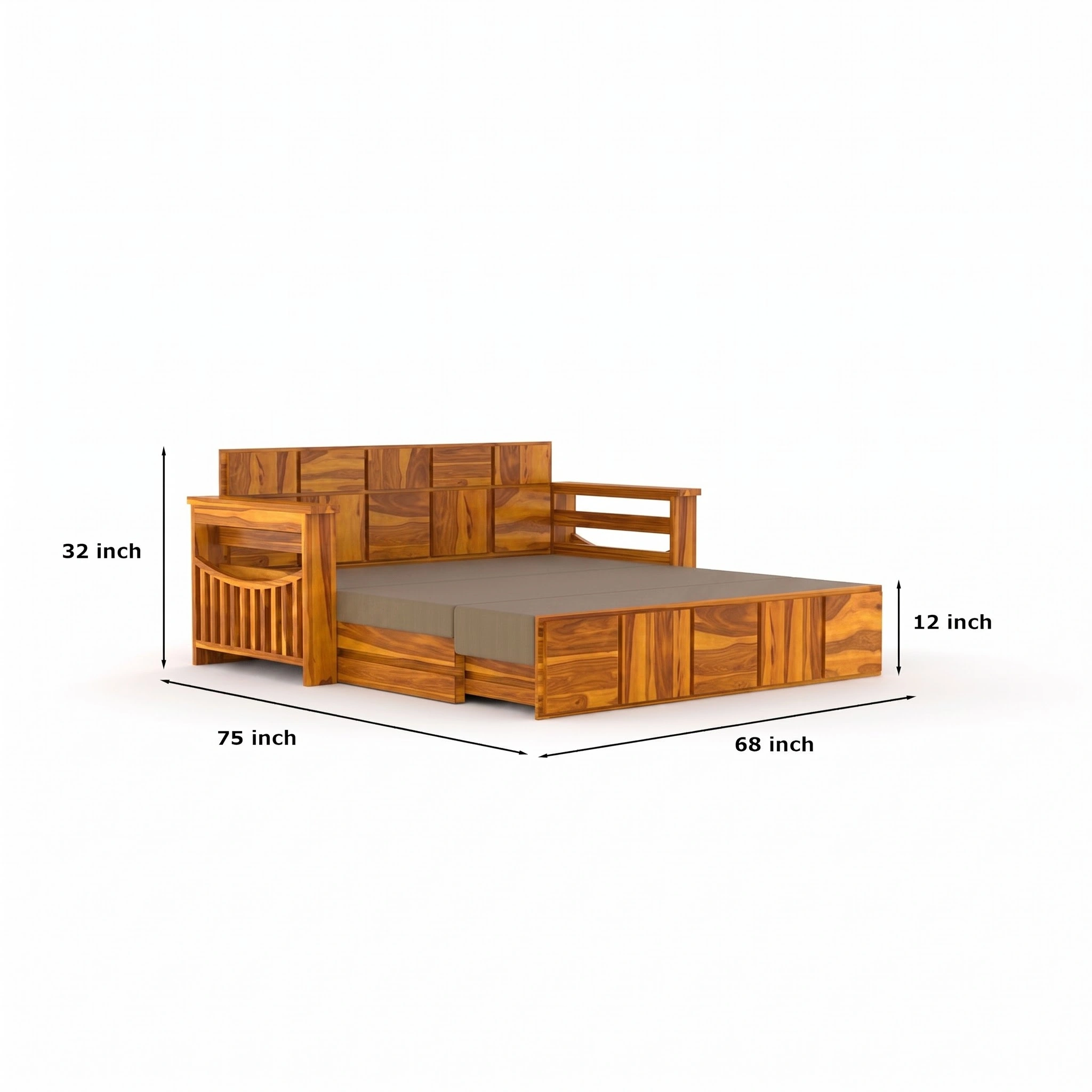 Solid Sheesham Wood Sofa Cum Bed with Storage for Living Room in Honey Finish