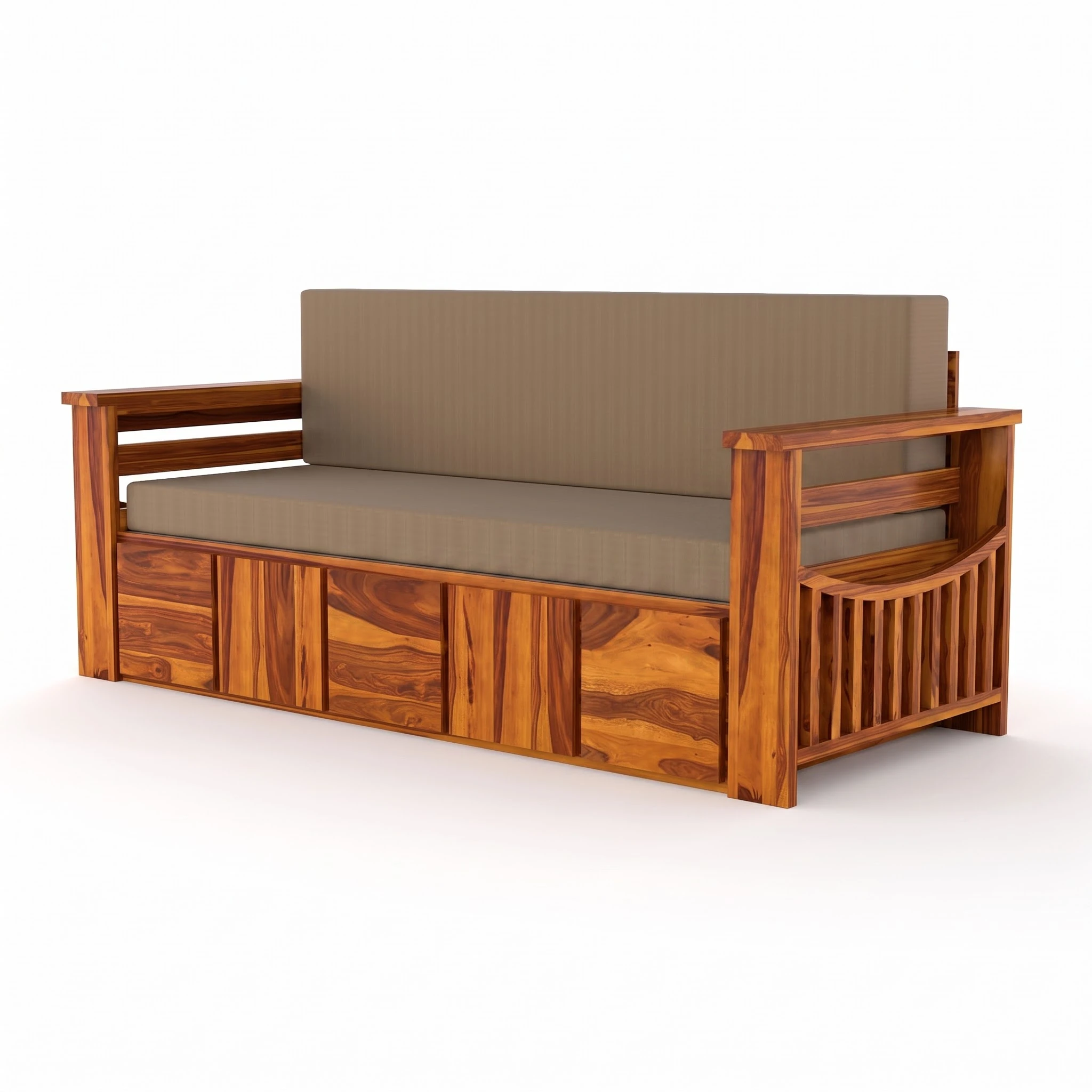 Solid Sheesham Wood Sofa Cum Bed with Storage for Living Room in Honey Finish