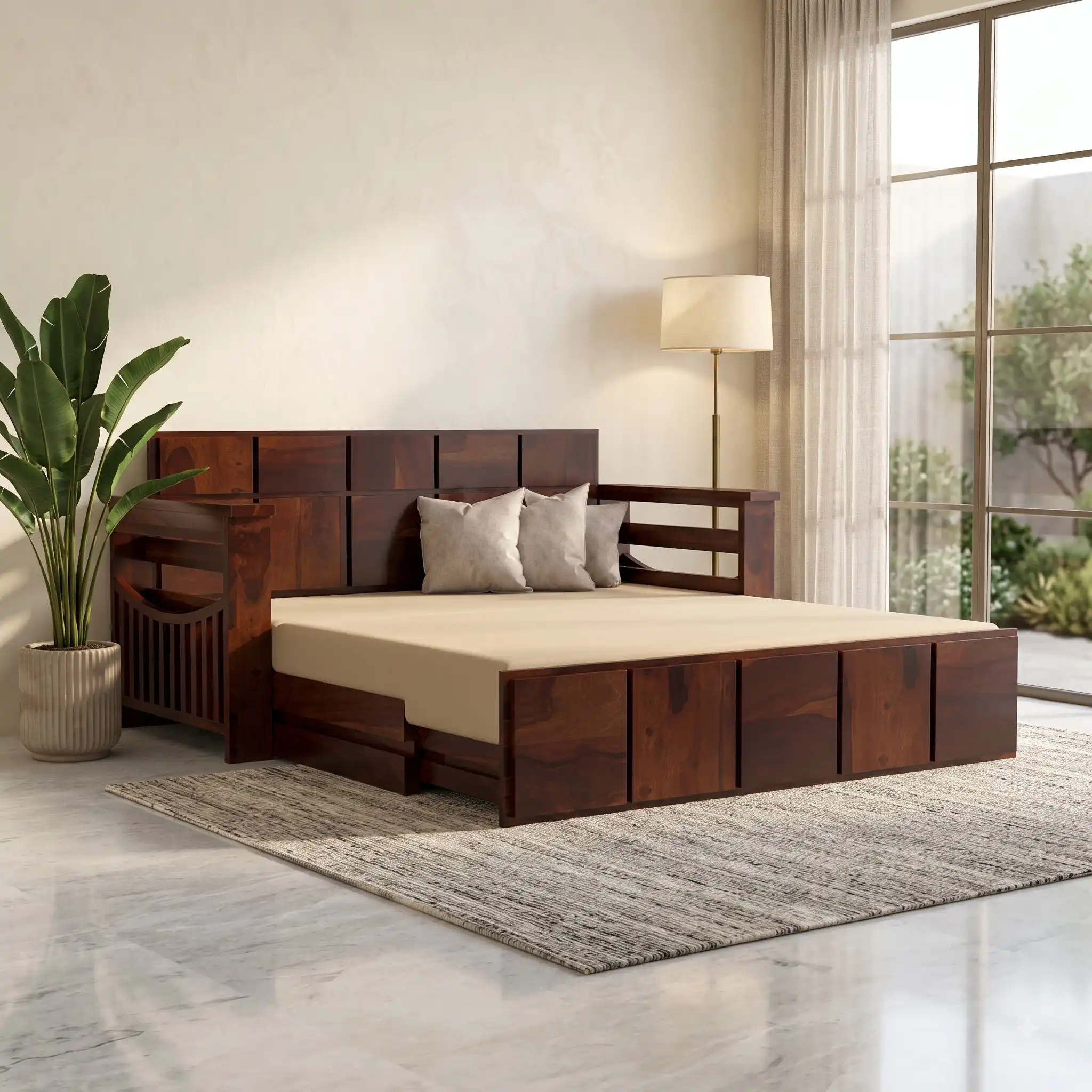 Solid Sheesham Wood Sofa Cum Bed with Storage for Living Room