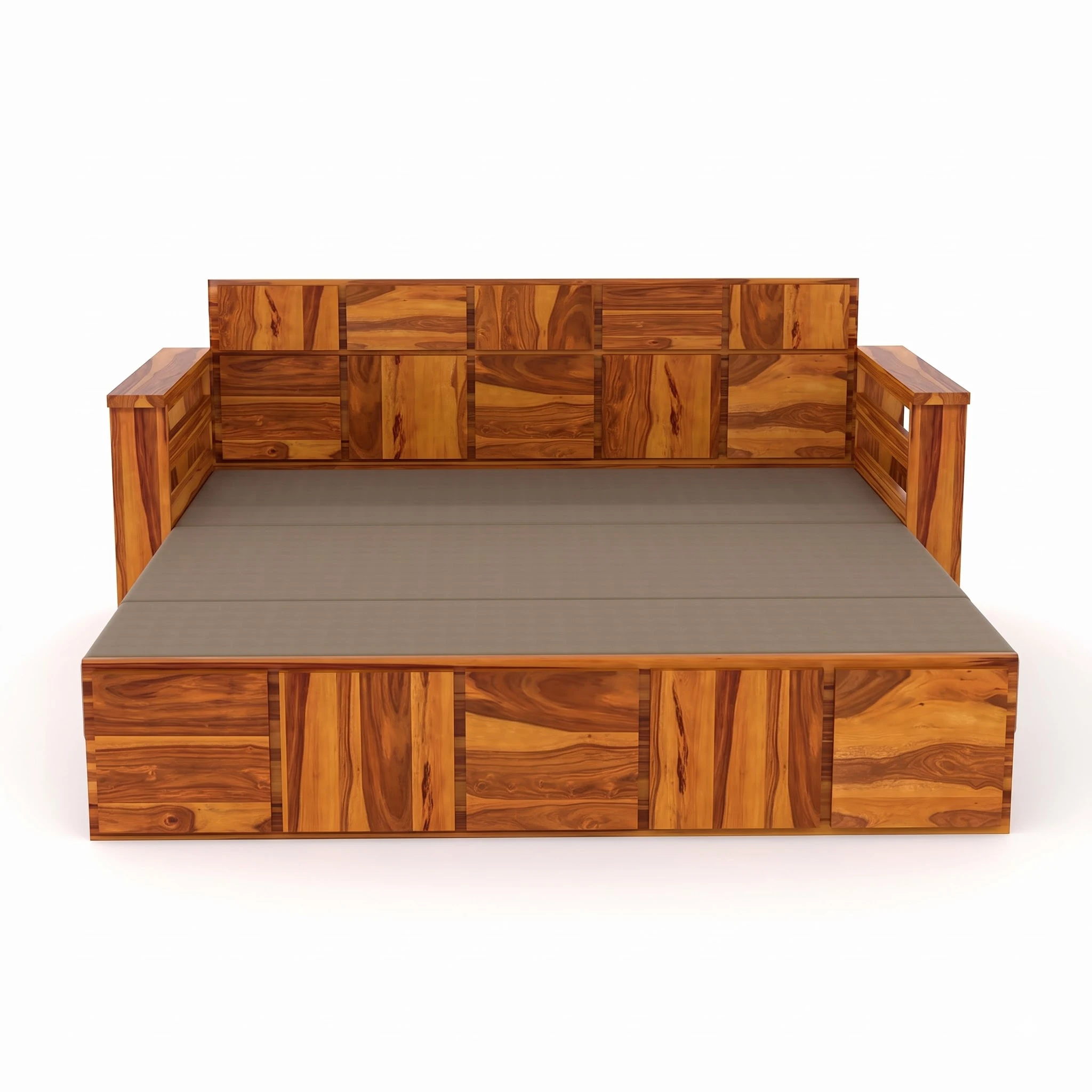 Solid Sheesham Wood Sofa Cum Bed with Storage for Living Room in Honey Finish