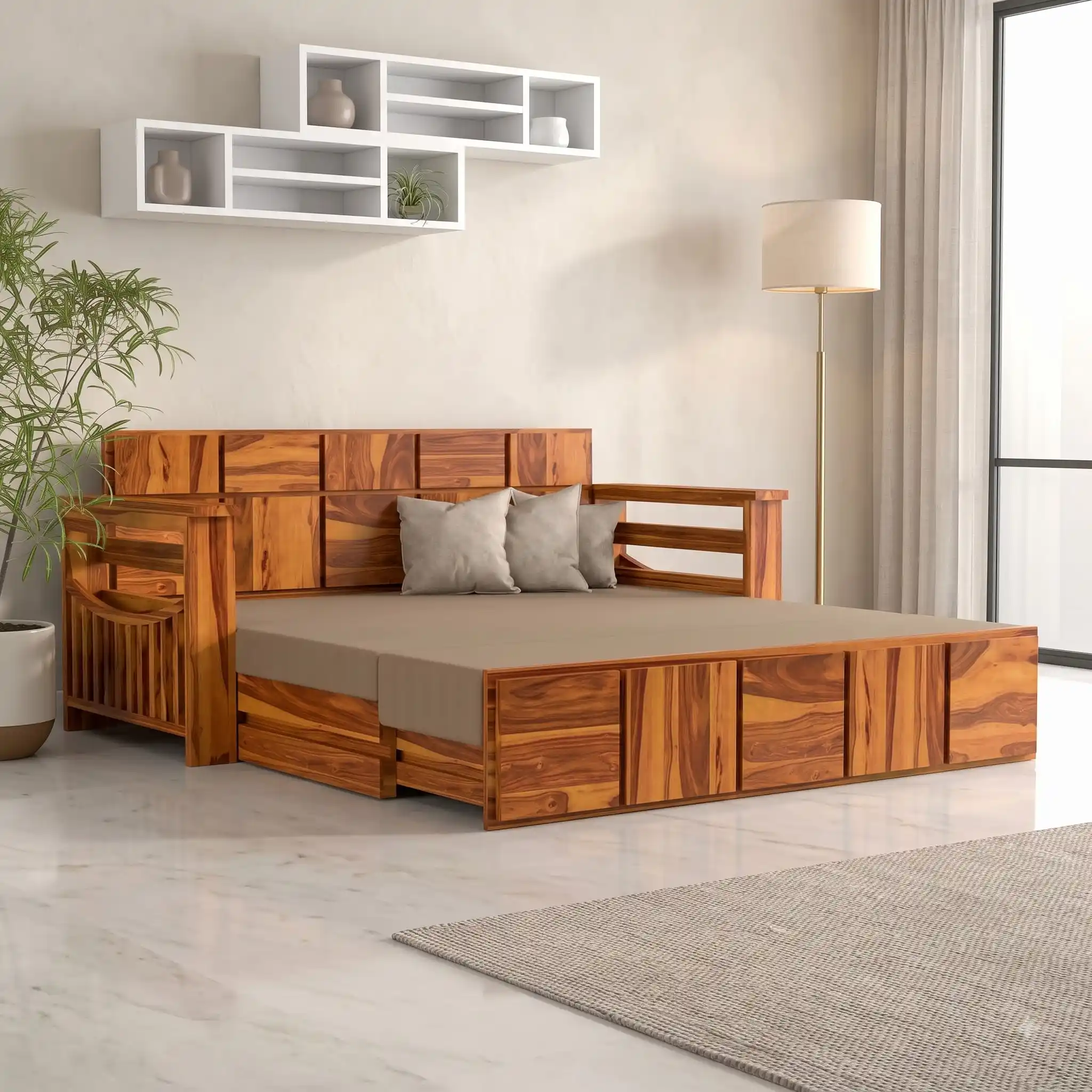 Solid Sheesham Wood Sofa Cum Bed with Storage for Living Room in Honey Finish