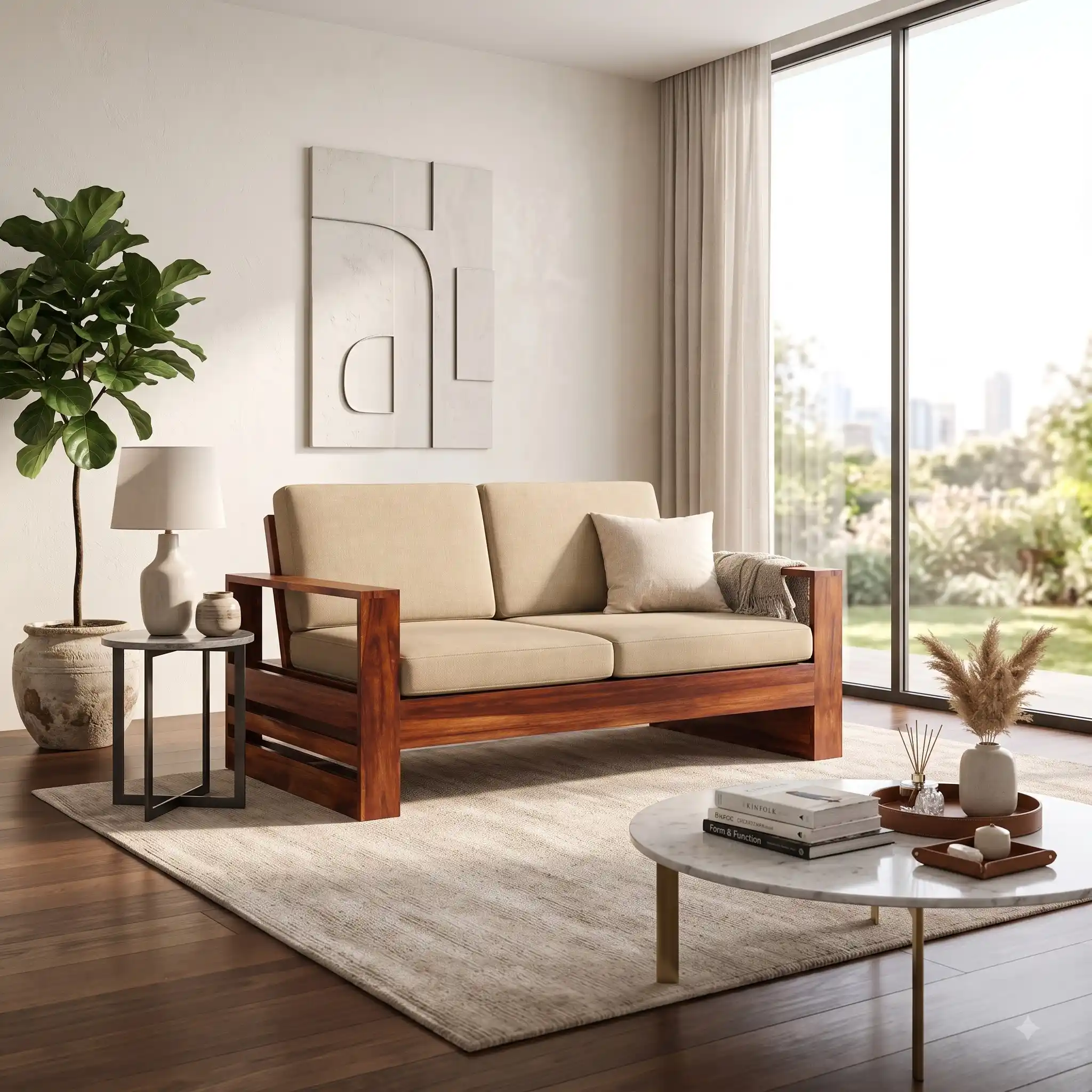 Solid Sheesham Wood 2-Seater Sofa Set, Natural Honey Finish