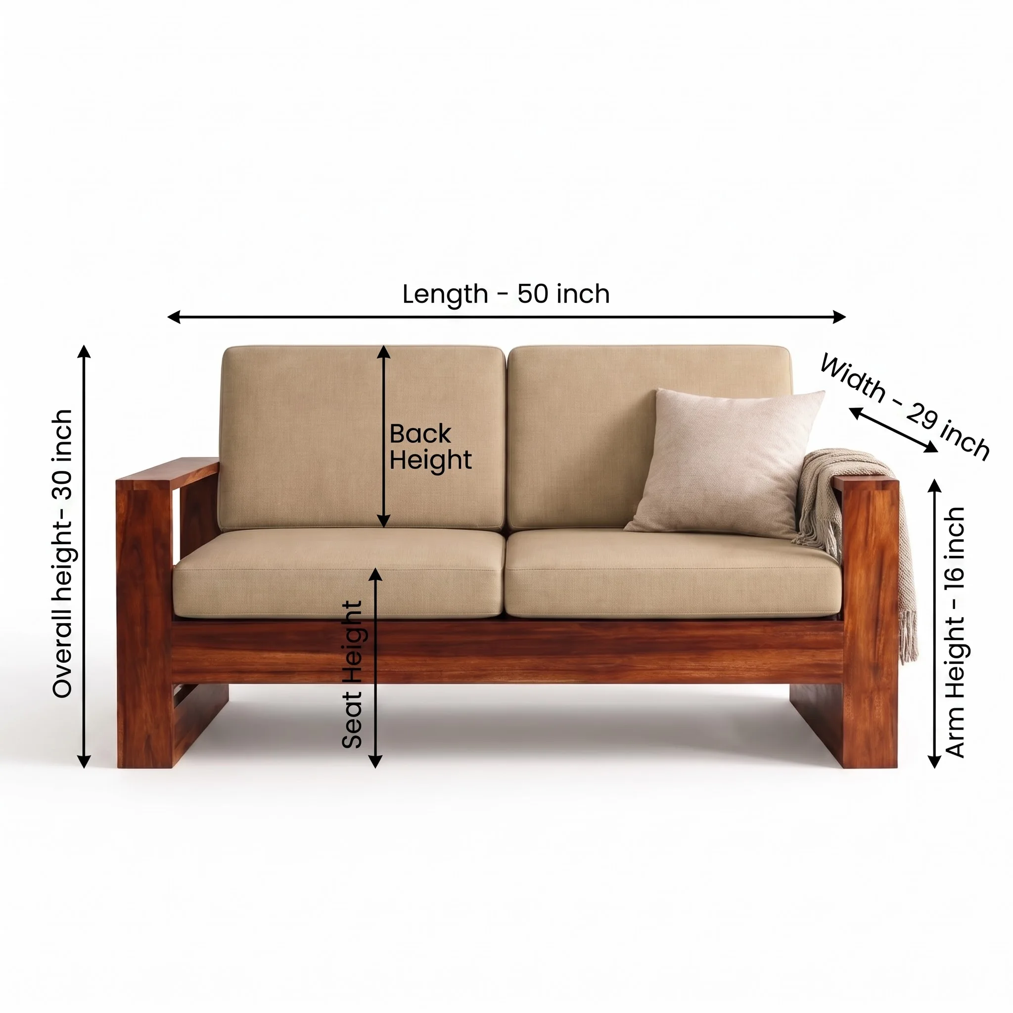 Solid Sheesham Wood 2-Seater Sofa Set, Natural Honey Finish