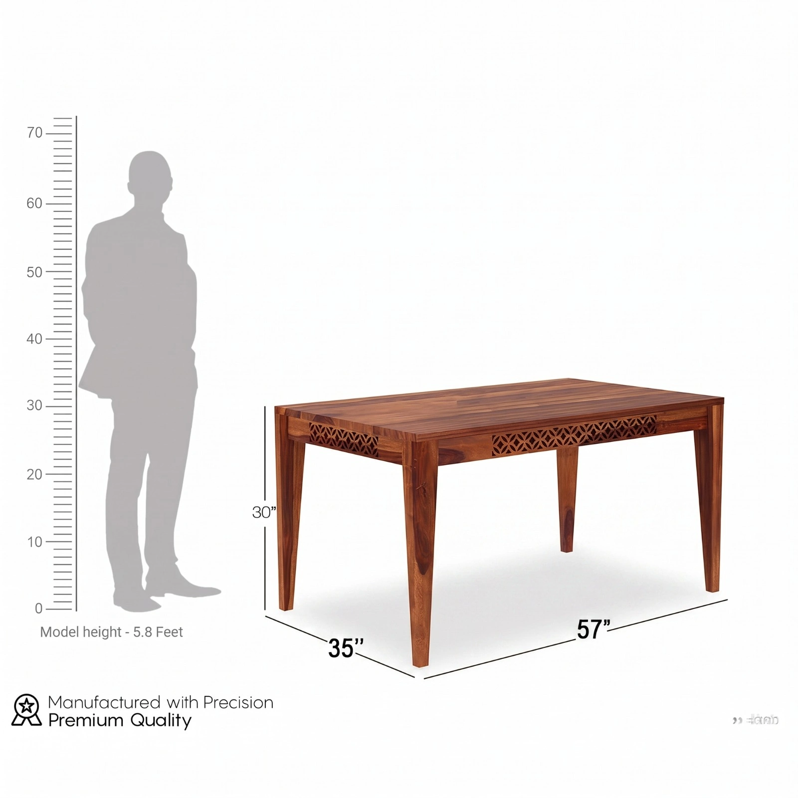 Designer Solid Wood 6 Seater Dining Table With Dimensions View