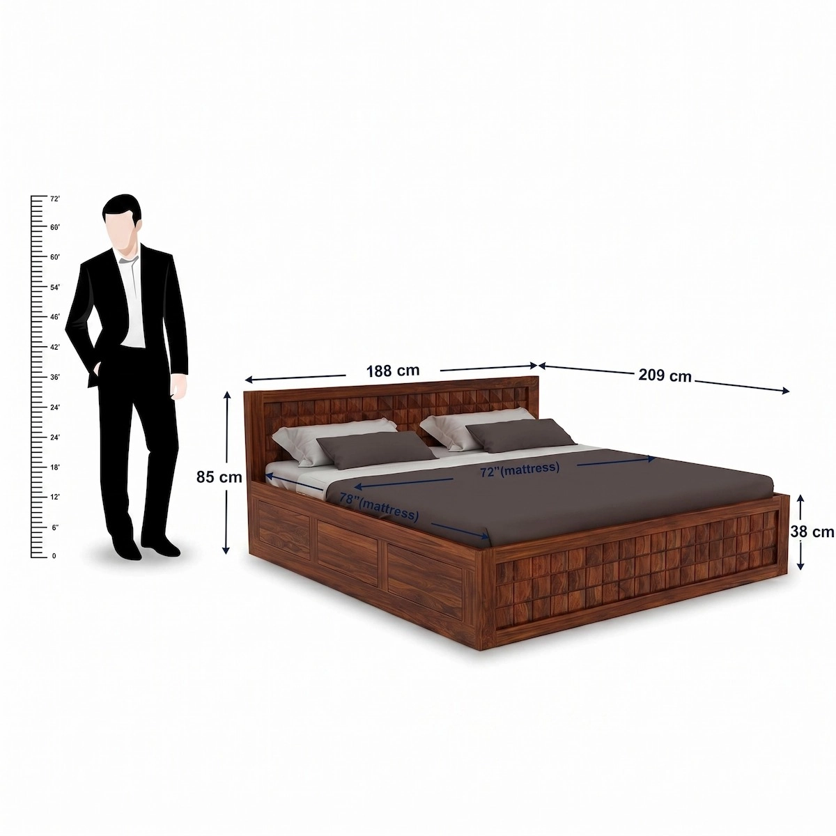 Elegant Wooden King Size Bed Dimensions and Measurement View