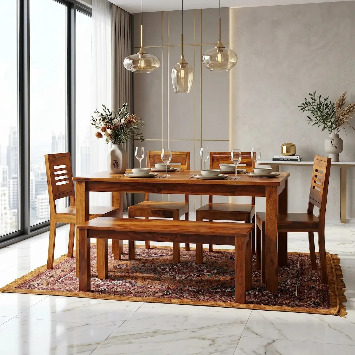 Solid Sheesham Wood 6 Seater Dining Table