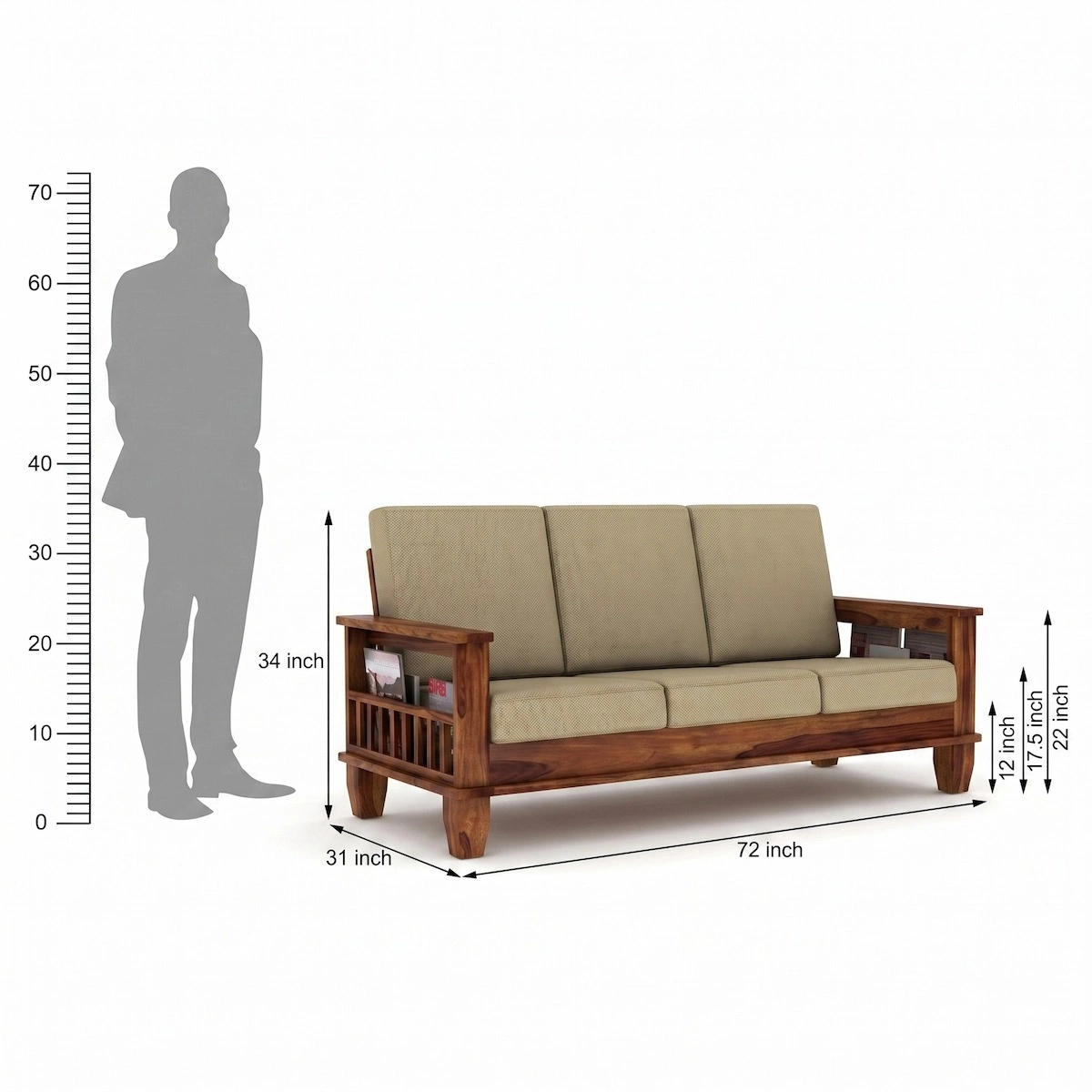Furnire Carp Solid Sheesham Wood 3-Person Sofa Furniture Sofa Set for Home Living Room