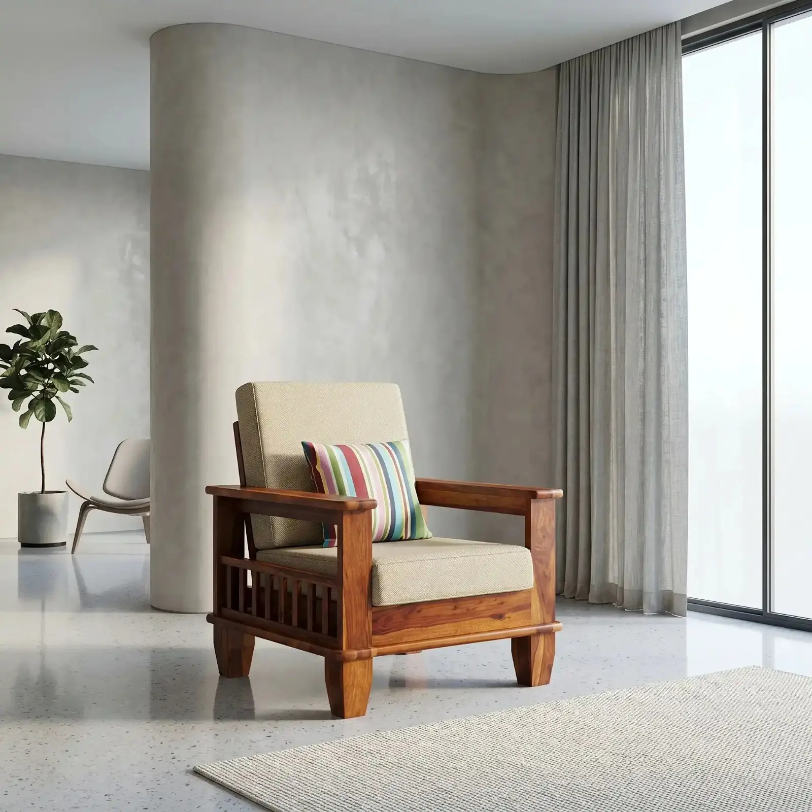 Sheesham Wood Single Seater Sofa Set for Living Room Office