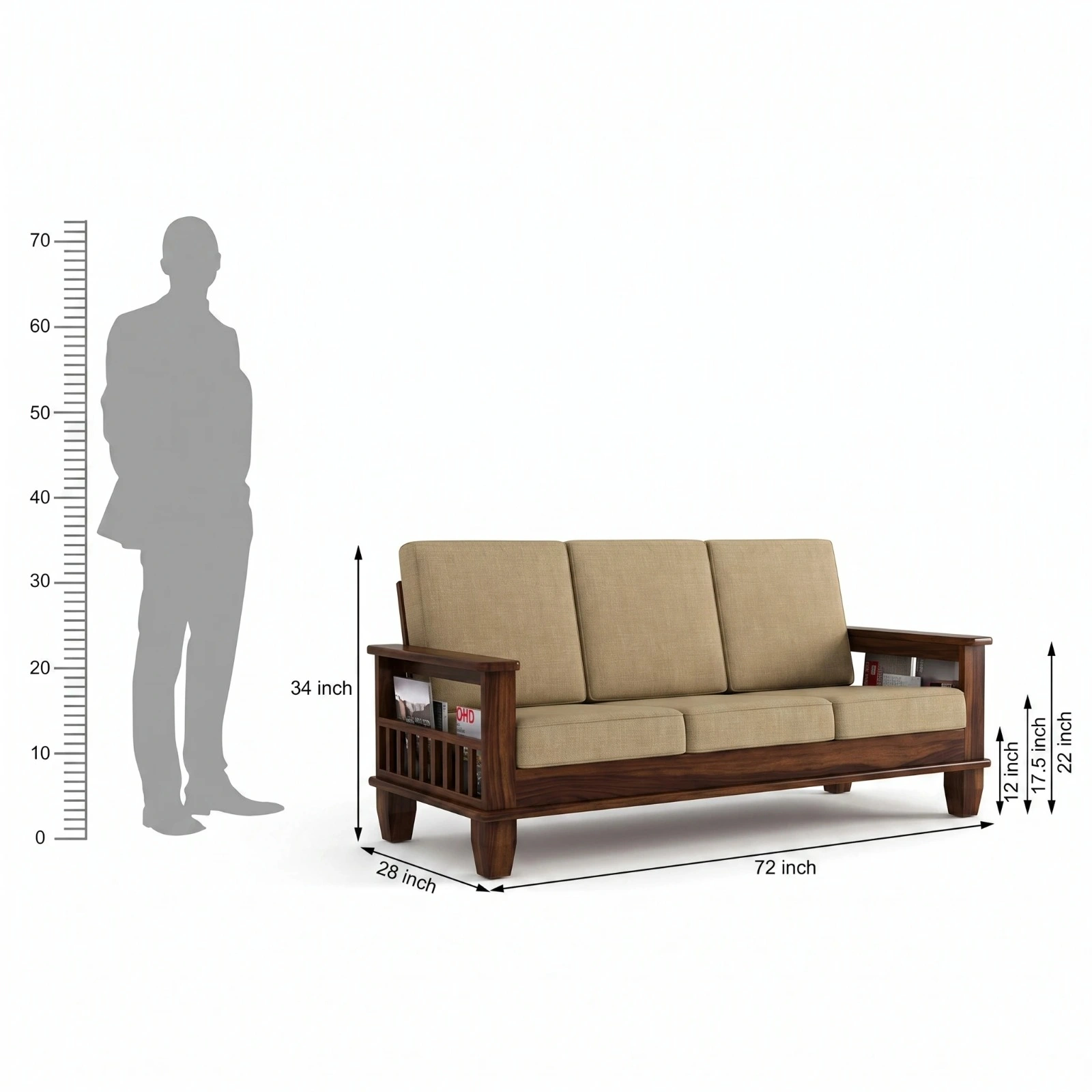 Solid Sheesham Wood 3-Person Sofa Furniture Sofa Set for Home Living Room
