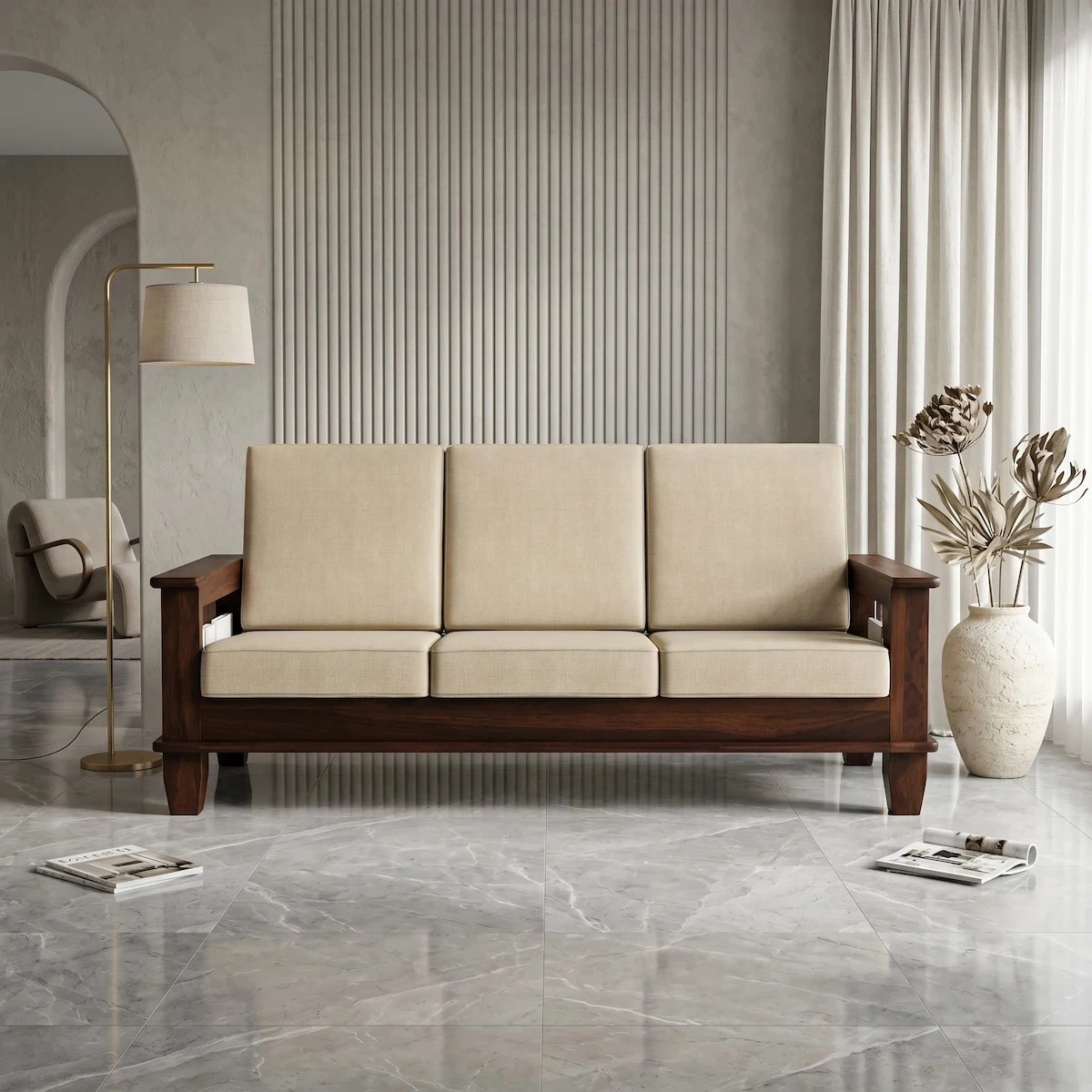 Solid Sheesham Wood 3-Person Sofa Furniture Sofa Set for Home Living Room