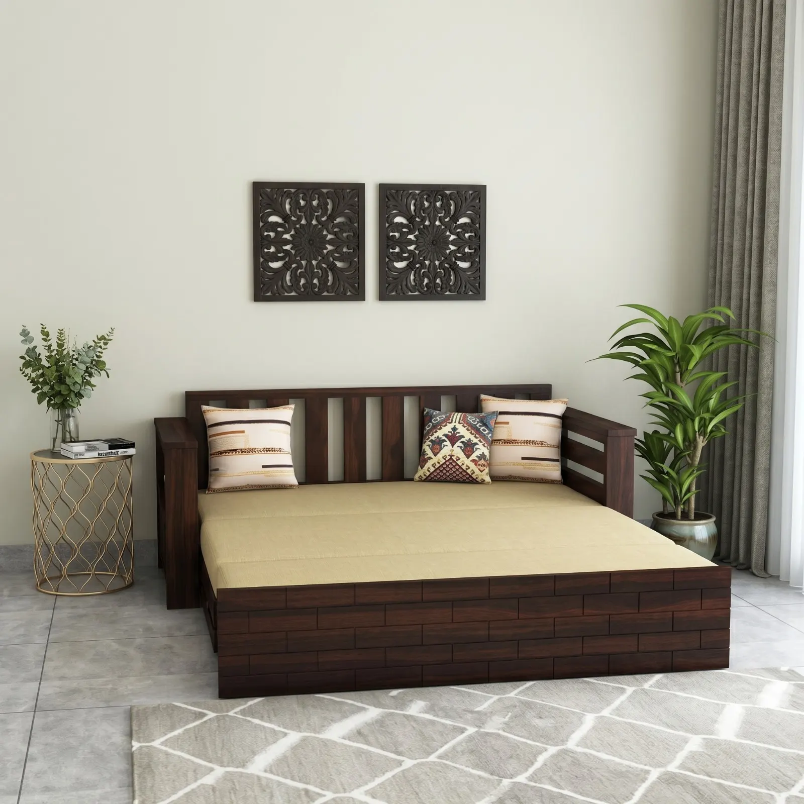 Solid Sheesham Wood Sofa Cum Bed Detailed View