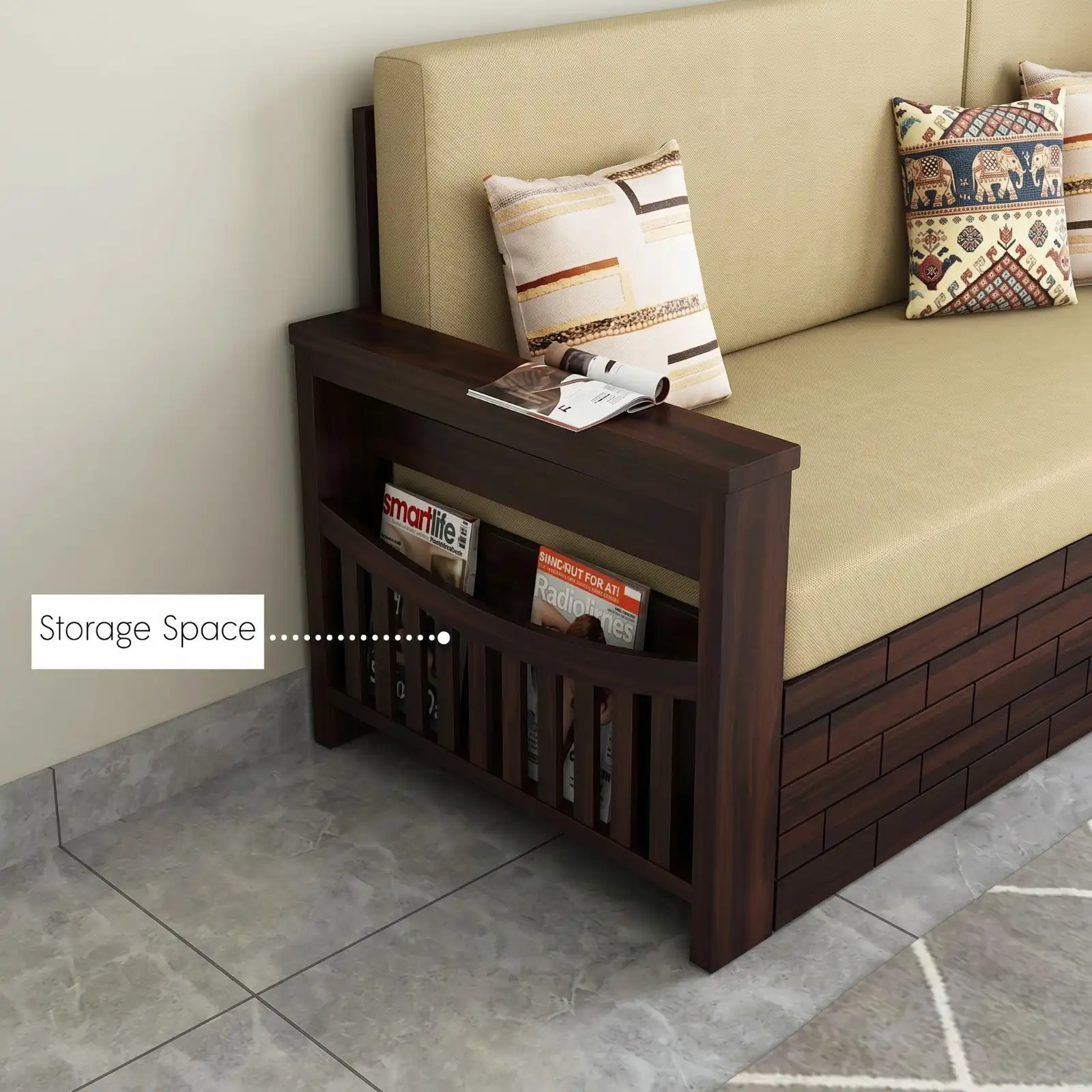 Solid Sheesham Wood Sofa Cum Bed Side Angled View