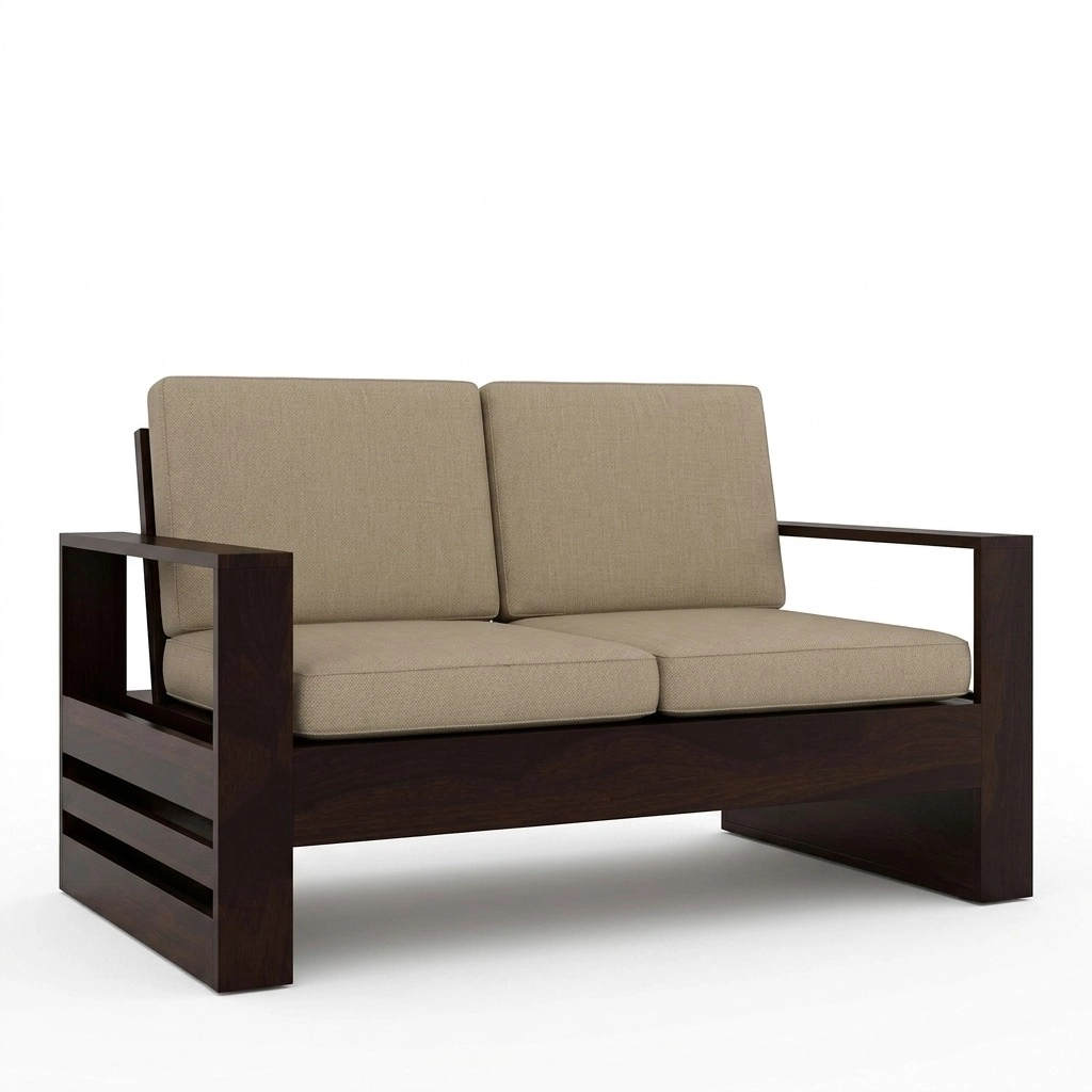 Solid Sheesham Wood 2 Seater Sofa with Side Magazine Holder