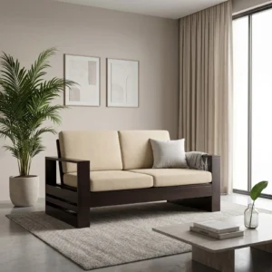 Solid Sheesham Wood 2 Seater Sofa with Side Magazine Holder