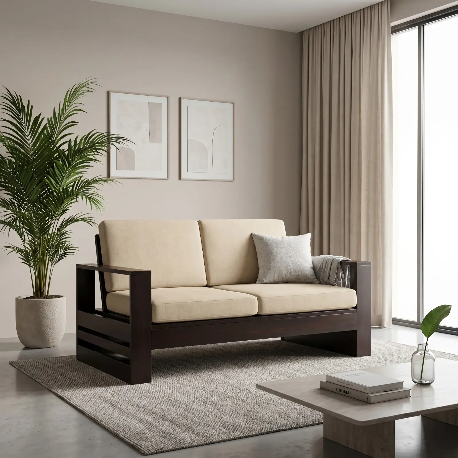 Solid Sheesham Wood 2 Seater Sofa with Side Magazine Holder