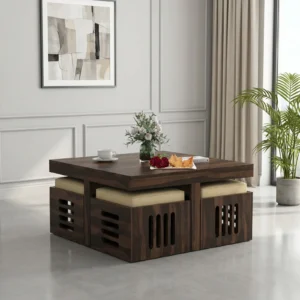 Soild Sheesham Wood Centre Coffee Table with 4 Stools