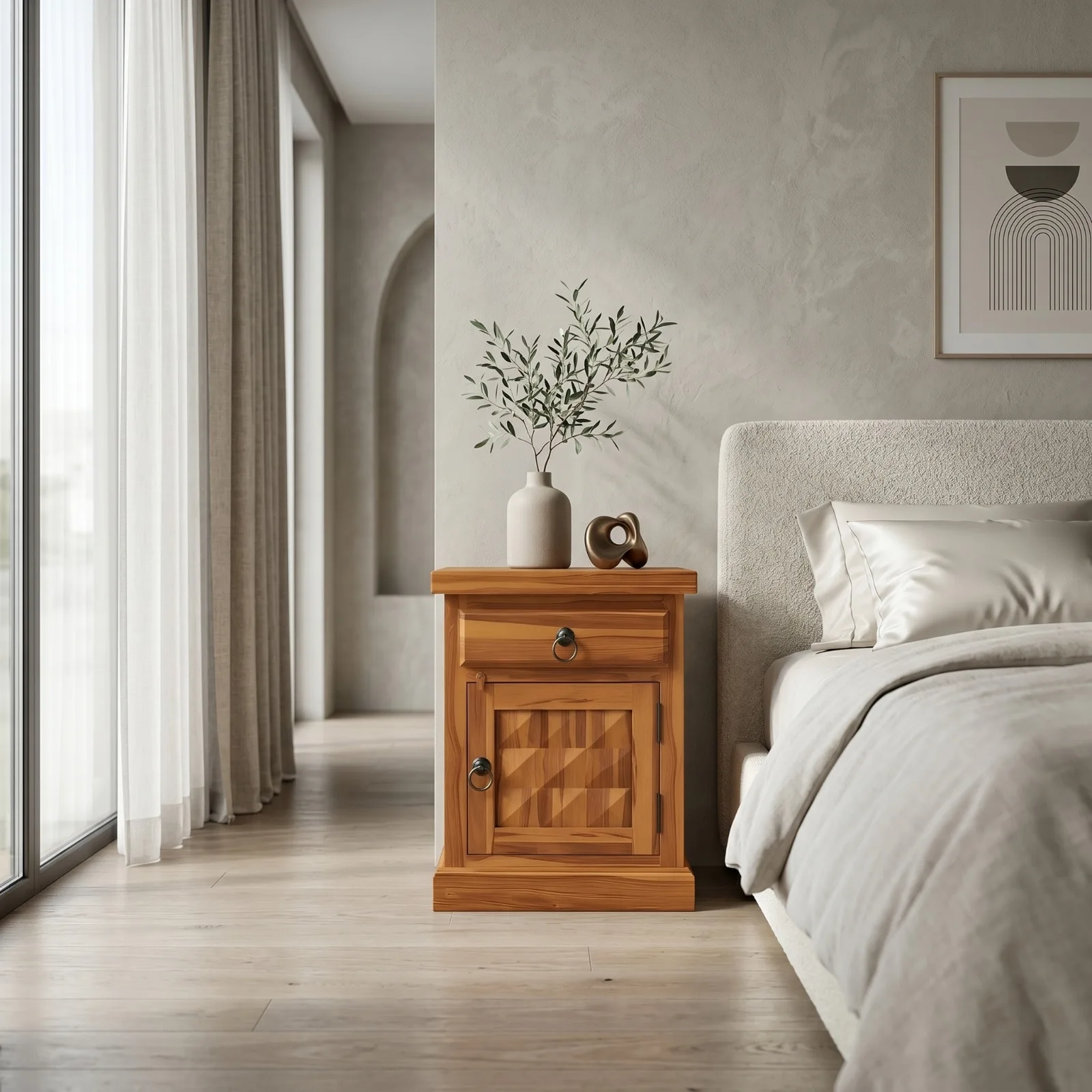Wood Bedside Table Solid Wooden Drawer & Cabinet Storage Bed Side