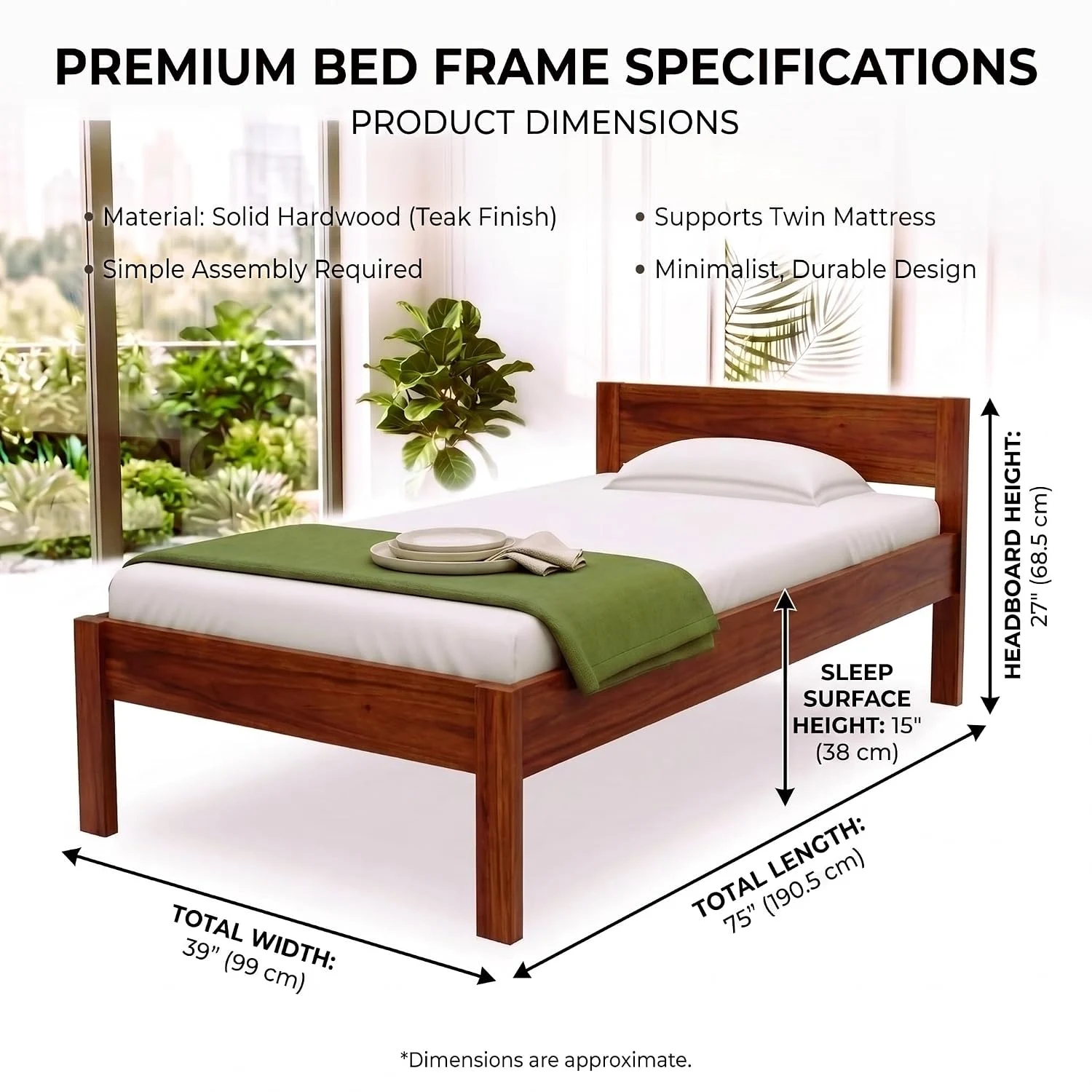 wooden single bed dimensions view