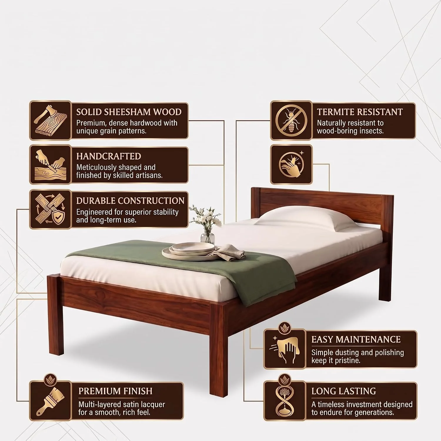 wooden single bed features view